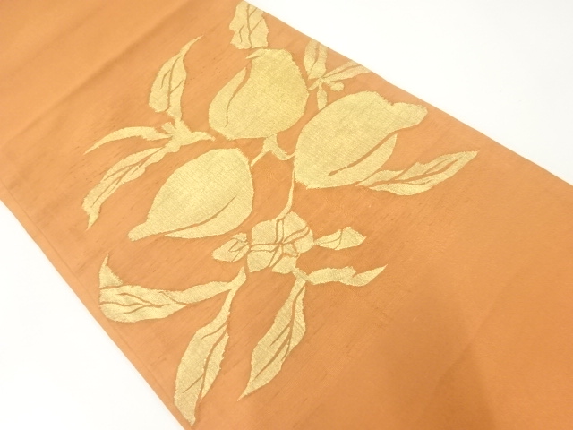 JAPANESE KIMONO / ANTIQUE FUKURO OBI / SILK / WOVEN LEAVES & FRUITS